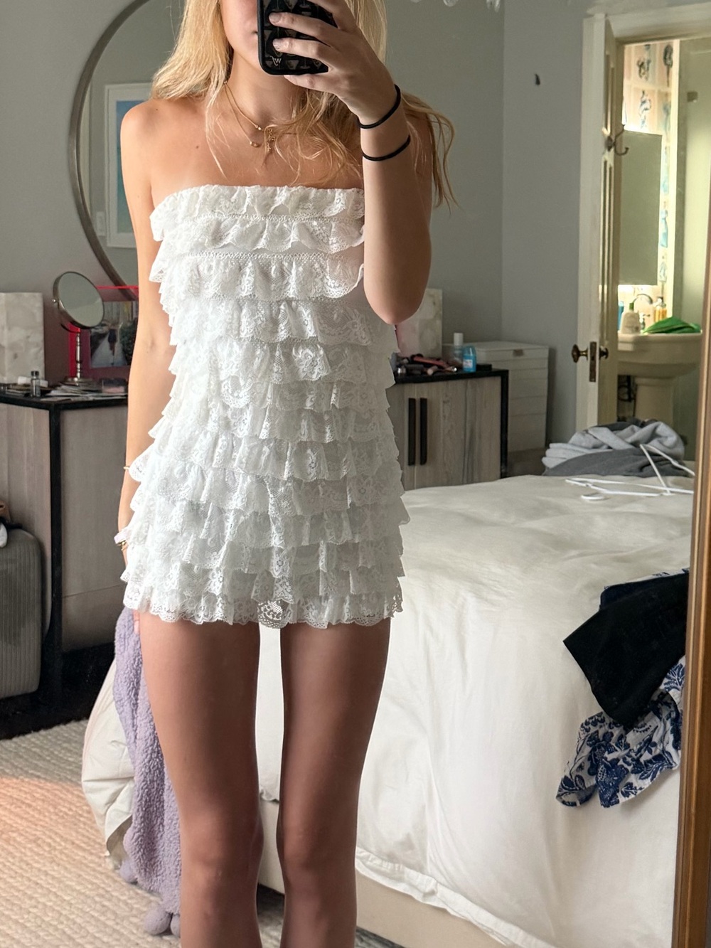 White Fox Boutique White Strapless Ruffle Lace Romper